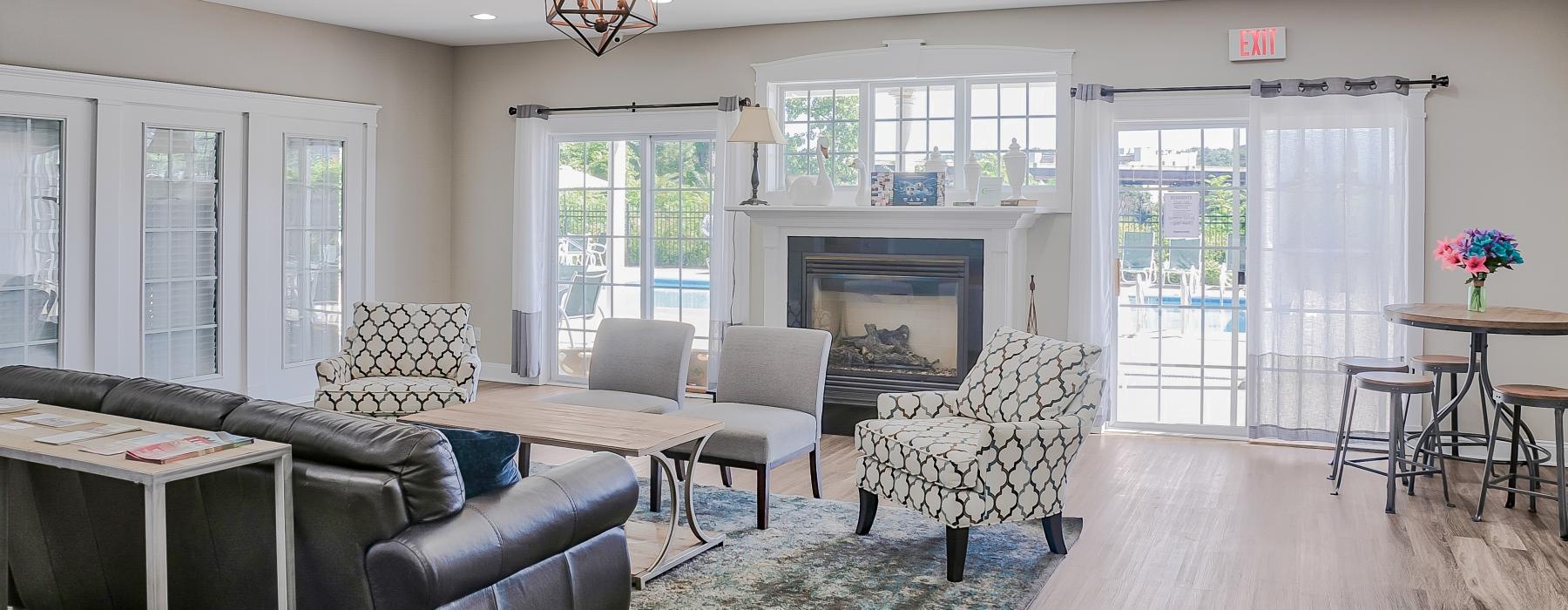 a living room with a fireplace